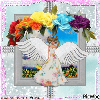 {Angel with Rainbow Flowers} - GIF animado gratis