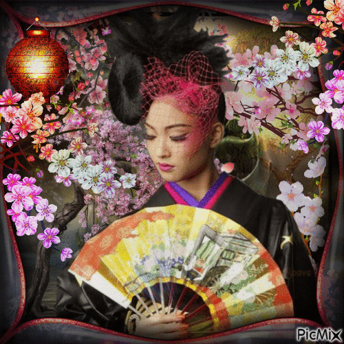 Mujer asiática con abanico y sakura - Бесплатни анимирани ГИФ