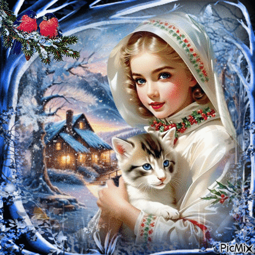 Niño en invierno con un gato - Ingyenes animált GIF