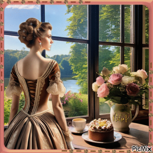 Lady with flowers in front of a window - GIF animé gratuit