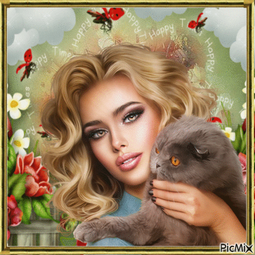 Femme avec son chat - Besplatni animirani GIF