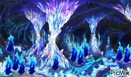 Flammes bleues dans une grotte de cristal - Gratis geanimeerde GIF