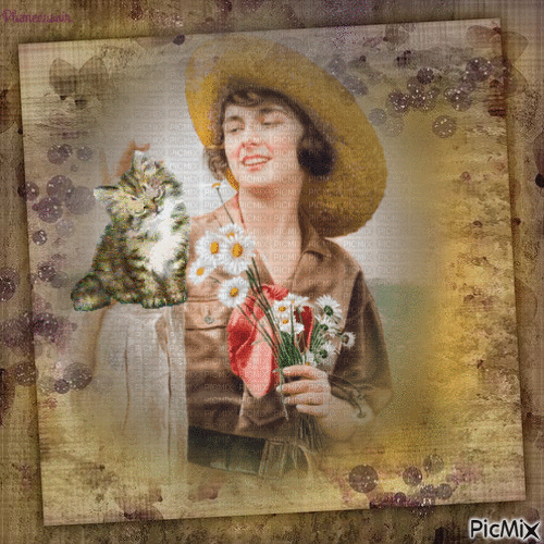 Femme avec un chaton et des fleurs. - Zdarma animovaný GIF