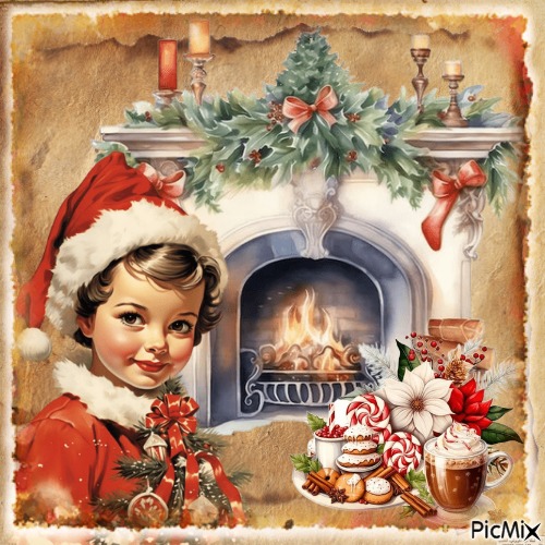 Enfant avec cheminée à Noël - vintage - 無料png