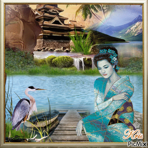 Geisha on the lake - Free animated GIF