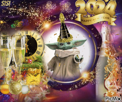 happy new year 2024 avec grogu - Gratis animerad GIF