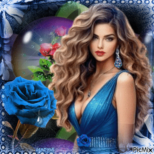 Donna in blu con rosa - Free animated GIF