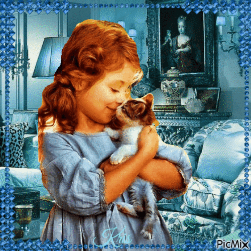 Petite fille et son animal dans un salon - Δωρεάν κινούμενο GIF