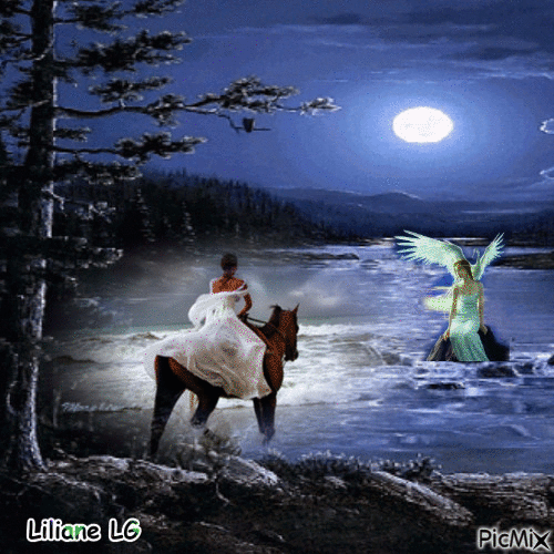 Jeune cavalière sur son cheval et son ange gardien sur un rocher qui lui apparaît dans la nuit - 免费动画 GIF