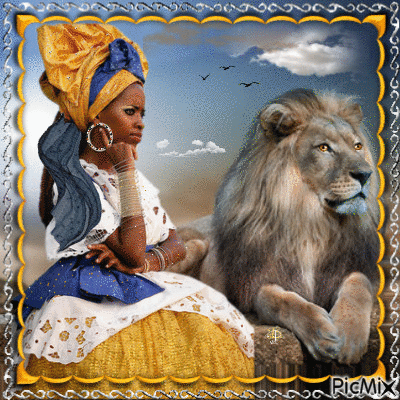 African woman and lion - Zdarma animovaný GIF