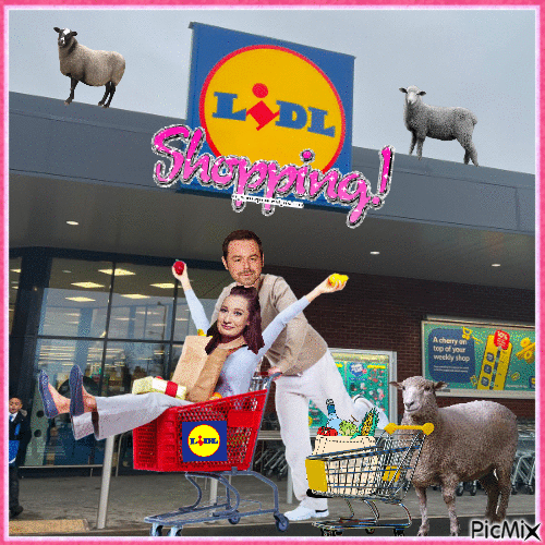 Yasmine goes shopping in Lidl with Danny Dyer and some sheep - Gratis animeret GIF