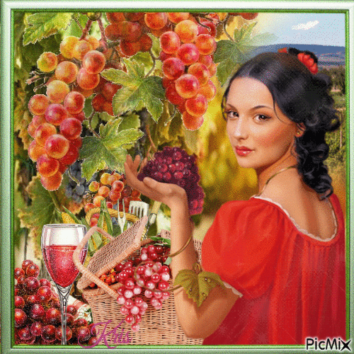 Vin, femme et raisins - Gratis animerad GIF