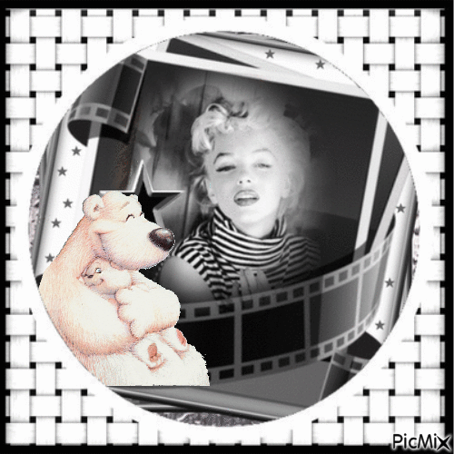 Marilyn Monroe in schwarz und weiß mit Eisbär - Gratis geanimeerde GIF