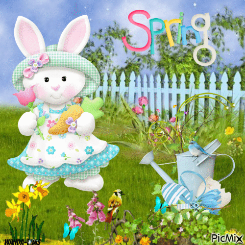 Easter-Spring-bunnies-flowers - Zdarma animovaný GIF