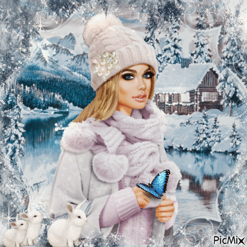Mujer en invierno con gorro blanco - Безплатен анимиран GIF