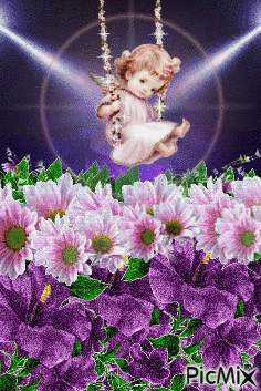 little angel swinging over pink and purple sparkly flowers, there are flood lights on the angel making sparkles. - GIF animado gratis
