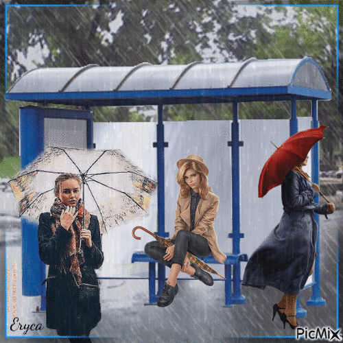 Attendre le bus sous la pluie - Free animated GIF