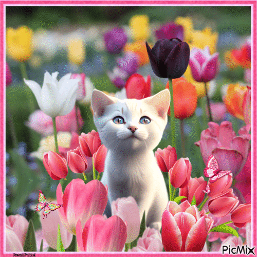 Weiße Katze zwischen Blumen - GIF animado grátis