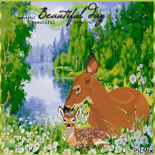 Spring. Beautiful, beautiful day. Deer, mother and child - Бесплатни анимирани ГИФ