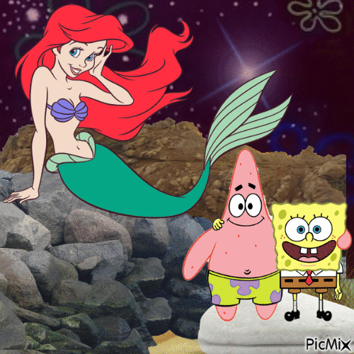 Spongebob, Patrick and Ariel at night (my 2,355th PicMix) - Free animated GIF