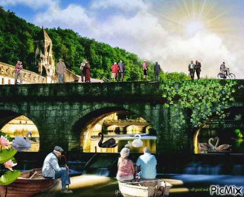 bridge old people water swan castle - Gratis animerad GIF