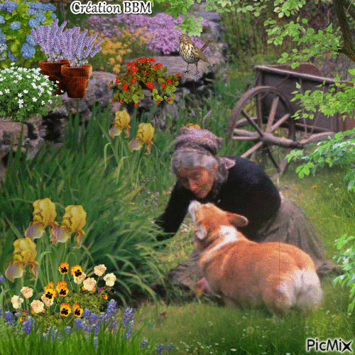 Mamie et son chien au jardin par BBM - GIF animé gratuit