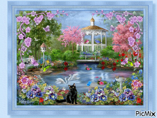 A park bench overlooking the lake and flower gardens. - GIF animado gratis