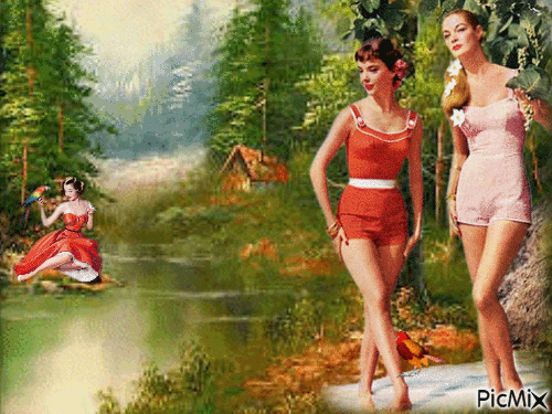 3 femmes au bord de l'eau - Бесплатный анимированный гифка