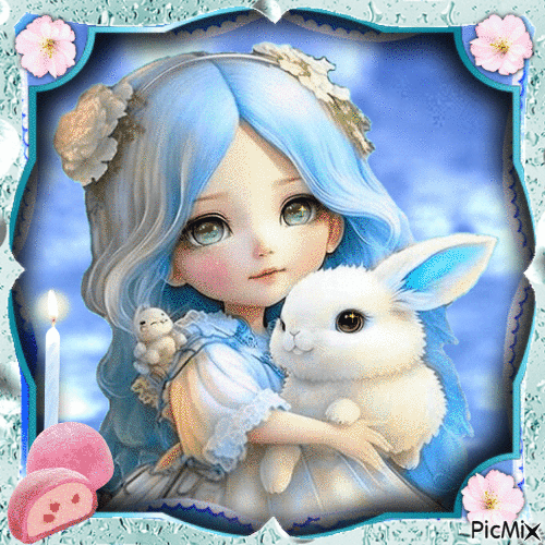 Blue Girl with Bunny - Nemokamas animacinis gif