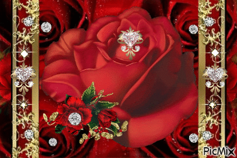 ONE LARGE ROSE AND 4 SMALL RED ROSES AND A FEW ROSES ON THE BIG ROSE. A DIAMOND IN EACH ROSE.. A GOLD FRAME ON EACH SIDE AND DIAMONDS ON IT. - Bezmaksas animēts GIF