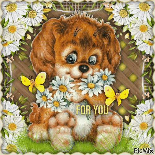 Vintage Dog-Daisies-For You-RM-03-29-24 - Бесплатни анимирани ГИФ