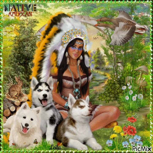Native American woman with her dogs - GIF animado grátis
