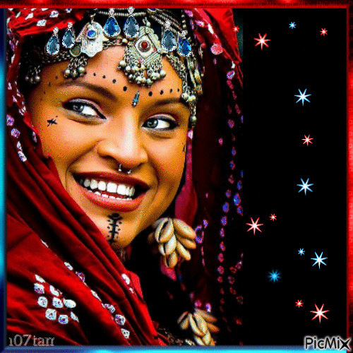 Jeune fille indienne portrait bleu et rouge - Ingyenes animált GIF