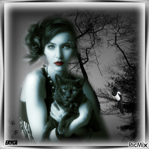 Femme et chat noir - png ฟรี