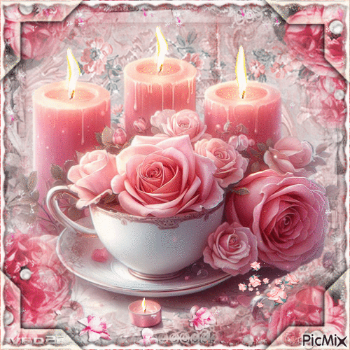 Cup of roses and candles - GIF animé gratuit
