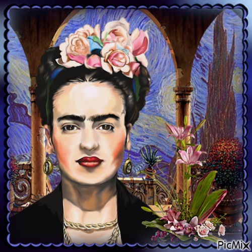 Frida Kahlo vor Hintergrund Sternenhimmel von Van Gogh - фрее пнг