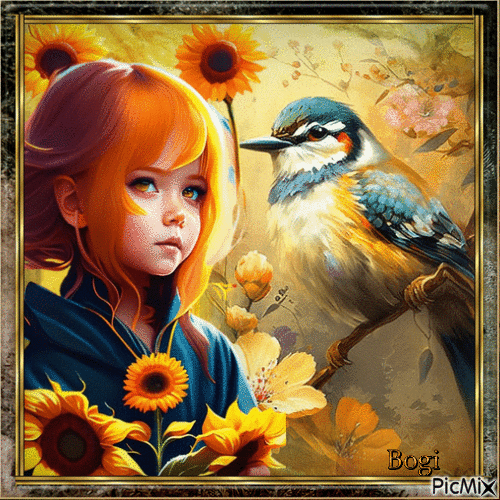 🌻 A little girl with bird...🌻 - Gratis animerad GIF