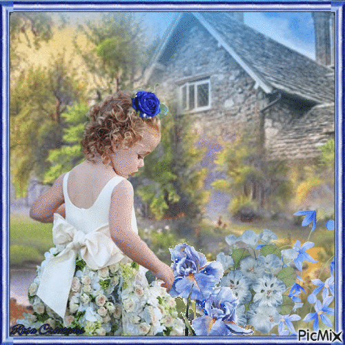 Concours : Petite fille avec fleurs bleues - Gratis animerad GIF