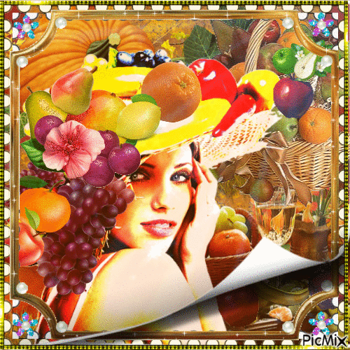 Lady with fruit and pumpkins - GIF animé gratuit
