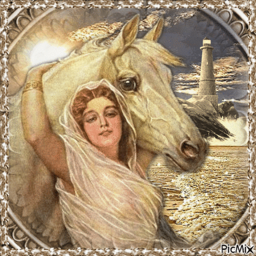 Vintage Frau mit Pferd - Бесплатни анимирани ГИФ