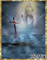 man in water reaching for jesus,a big gold cross in the water, jesus with a lamb, a white light flashing, and a flashing gold frame. - GIF animado grátis
