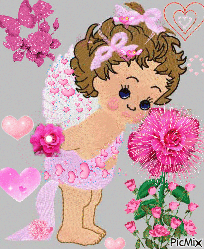 LITTLE ANGEL PINK BOESPINK BUTTERFLIES, PINK HEARTS, AND PINK BIMBS. - Darmowy animowany GIF
