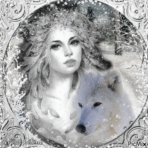 Femme et loup en hiver - Tout en blanc - GIF animado gratis