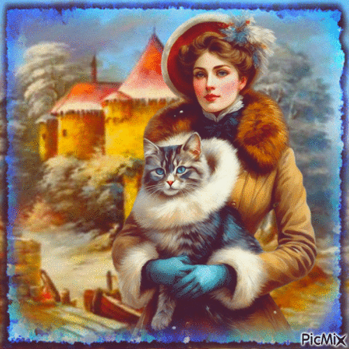 femme et chat en hiver / vintage - Gratis animeret GIF