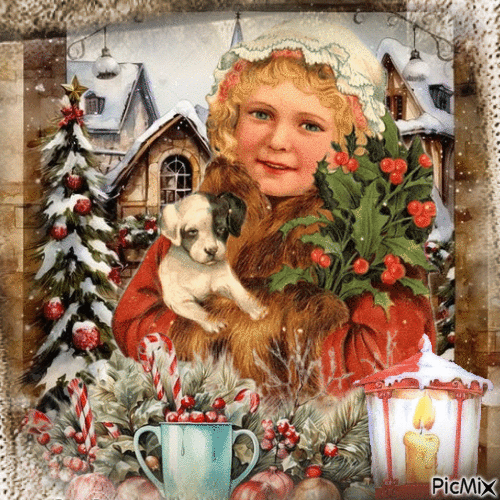 Fillette et son petit chien à Noël en vintage - Ingyenes animált GIF