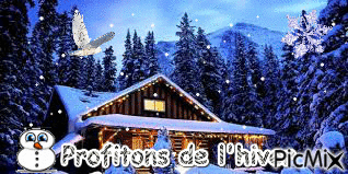 chalet sous la neige la nuit - Бесплатный анимированный гифка
