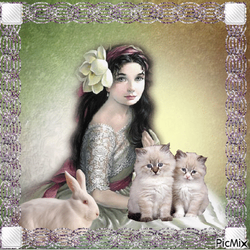 une fille deux chats et un lapin - 無料のアニメーション GIF