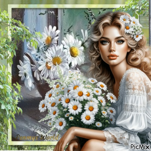 lady with Daisy's - png gratis
