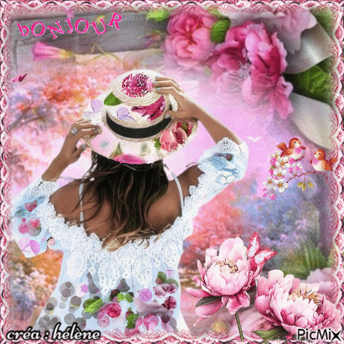 concours : Femme de dos chapeau et robe fleuris - Gratis animeret GIF