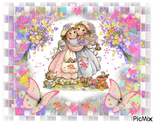 PRETTY PURPLE, PINK AND YELLOW , AND PINK  FLOWERS AND FRAME COLORS BURSTING PINK HEARTS, SPARKLING PINK HEARTS, 2 LITTLE GIRLS HUGGING WITH SPARKLING FLOWERS ON THEM AND AROUND THEM, AND 2 PINK BUTTERFLIES. - Бесплатный анимированный гифка